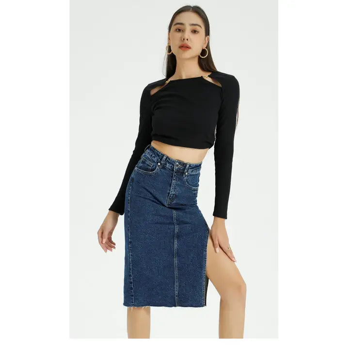 High Waist Denim Midi-Skirt - Side Split