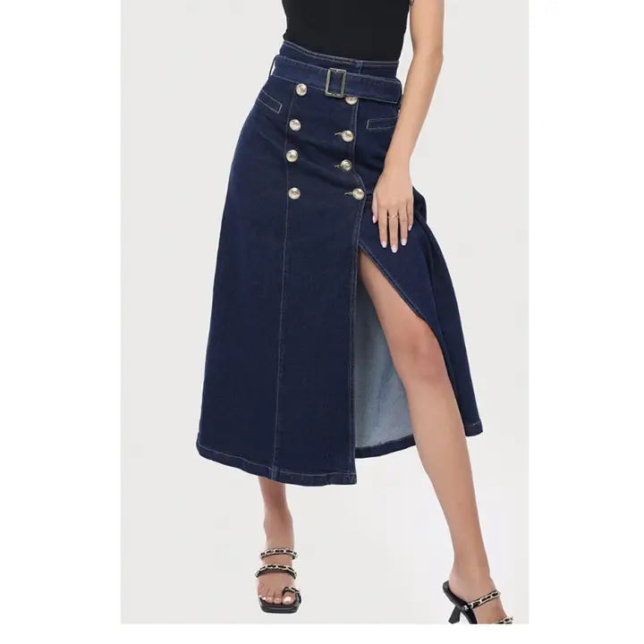 High Waist Denim Belted Midi-Skirt
