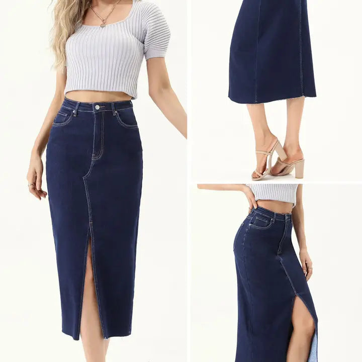 Raw Hem Denim Midi Skirt