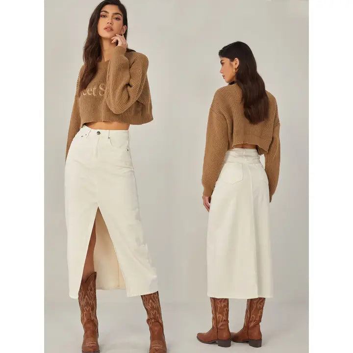 Cream Denim Midi Skirt with Front Split