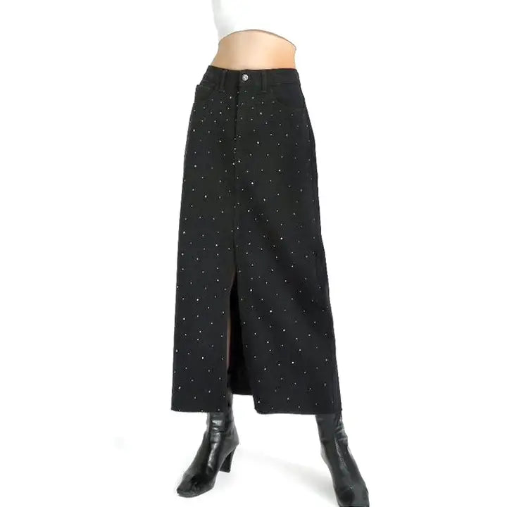 Black Denim Maxi Skirt with Rhinestones