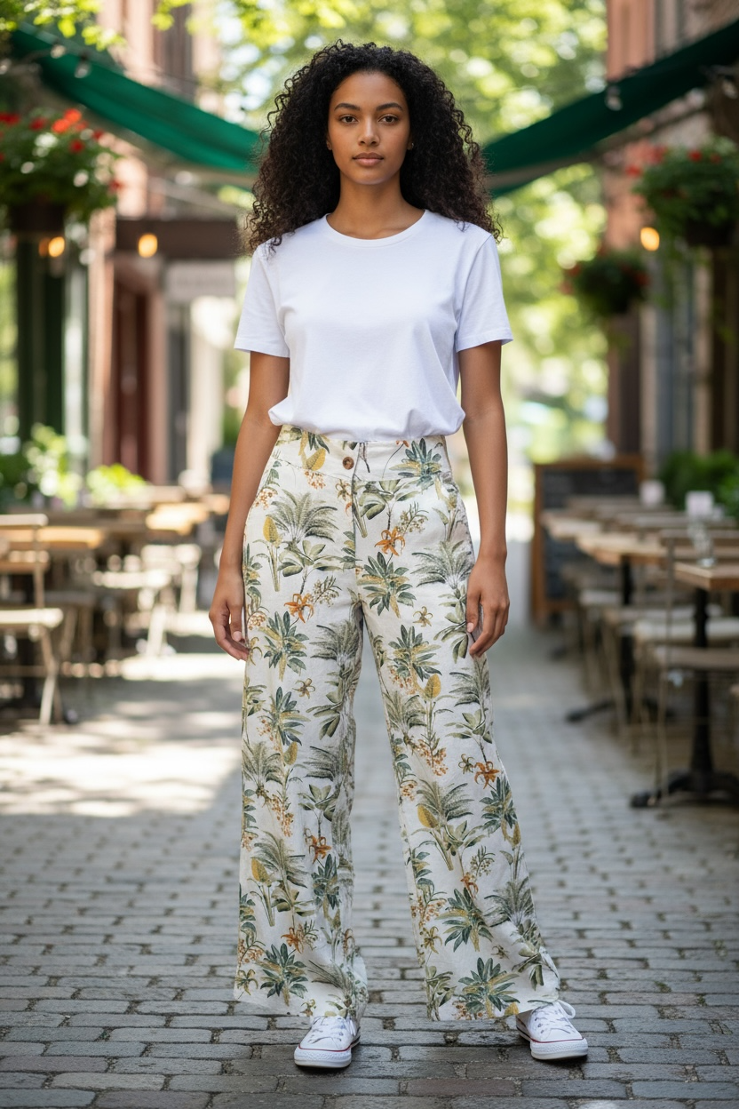 Tropical Palm Cotton Wide Leg Pants
