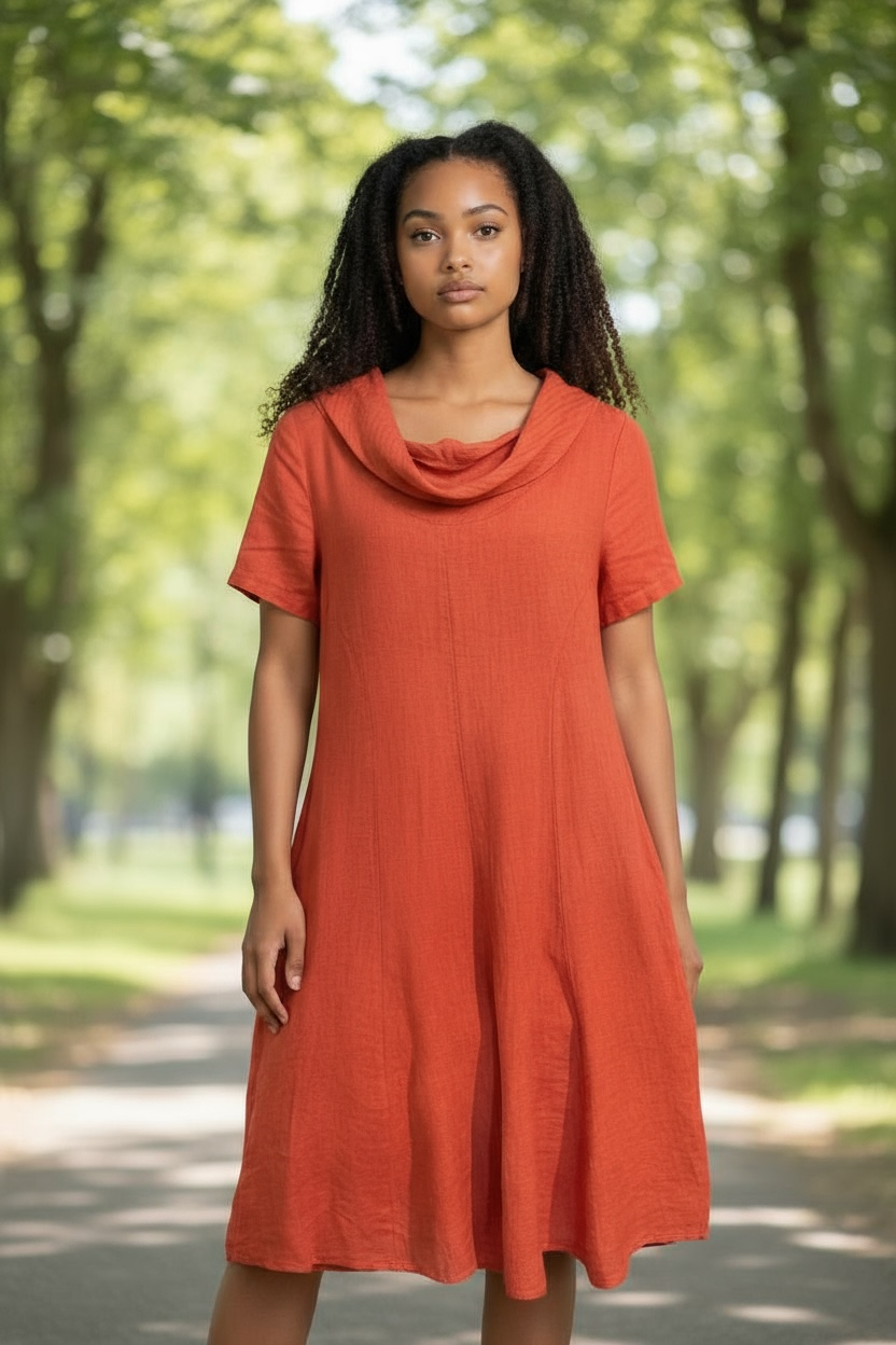 Orange Linen Midi Dress