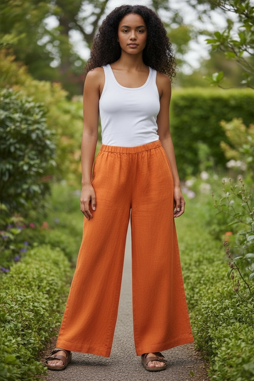 Orange Linen Wide Leg Pants