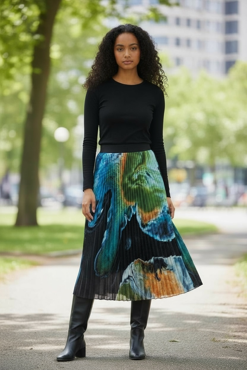 Green Abstract Pleated Skirt