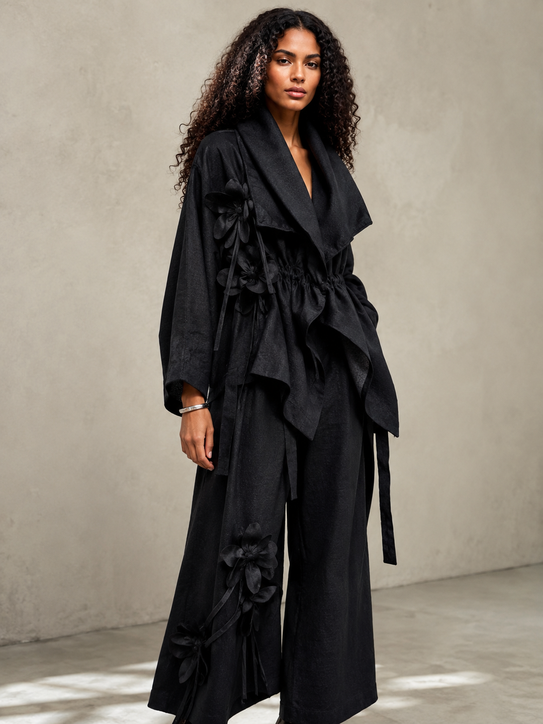 Black Sculptural Floral Appliqué Jacket - by Noen