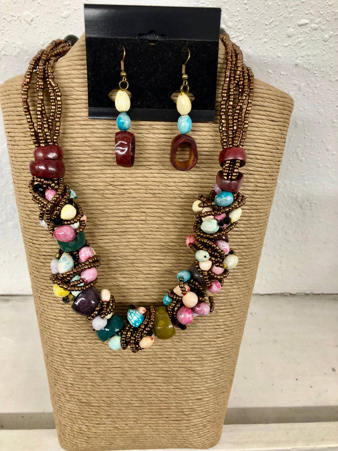 Multi-Coloured Bead and Stone Necklace and Earring Set