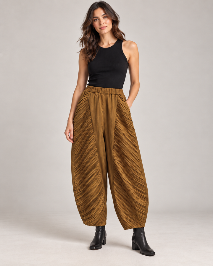 Mustard Gold Sculptural Barrel Leg Pants - by Ozai N Ku