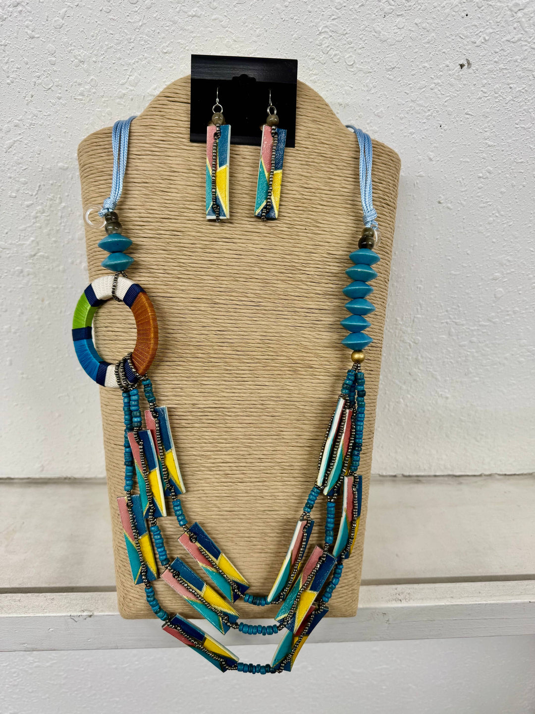 Vibrant Blue Wood and Bead Necklace and Earring Set