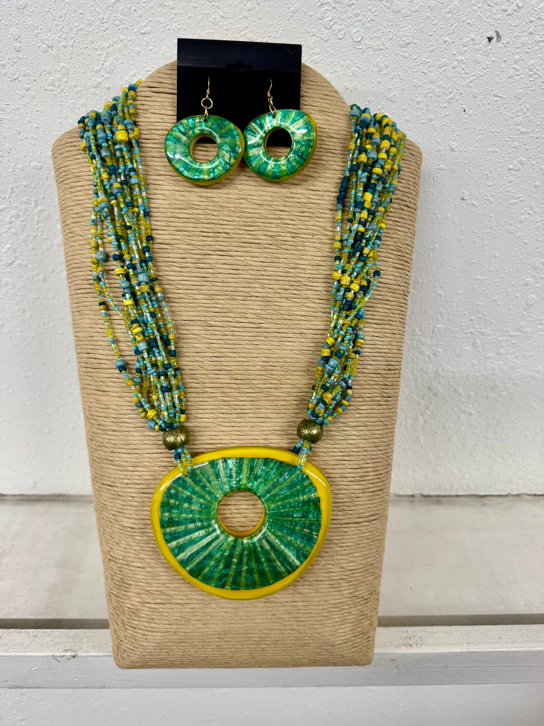 Turquoise/Yellow/Green Bead and Resin Necklace and Earring Set