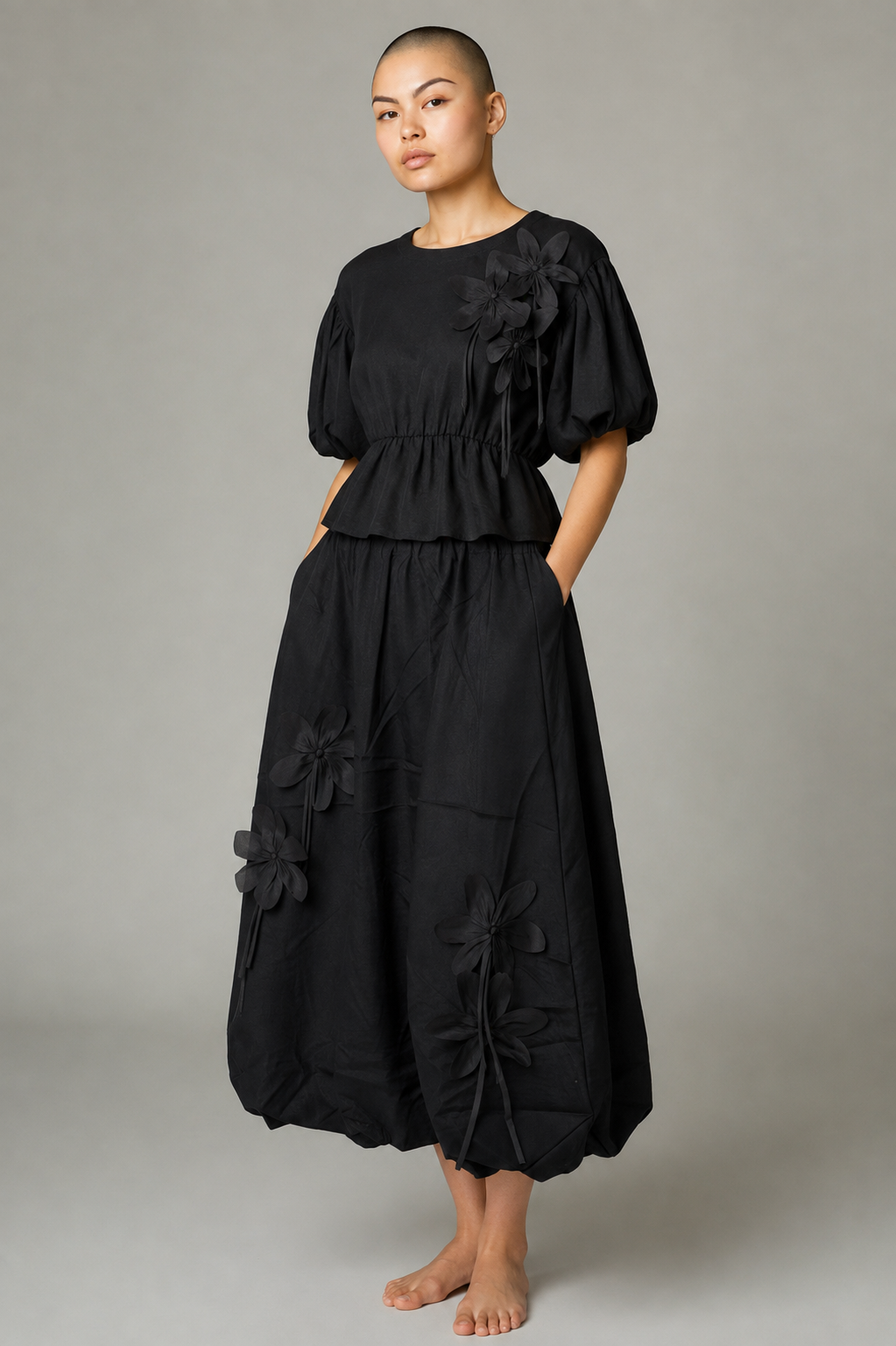 Black Floral Bubble Maxi Skirt - by Noen