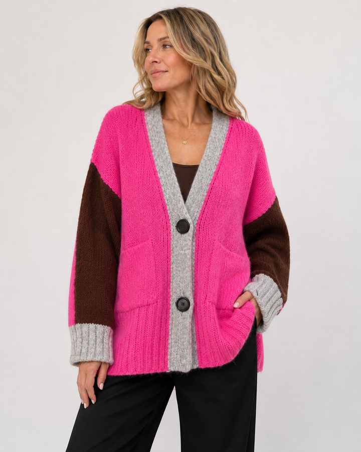 Pink Colour Block Cardigan Sweater - by Elissia