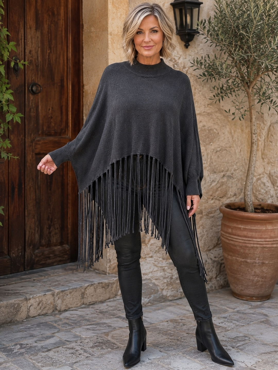 Charcoal Grey Fringe Poncho - by Eternelle