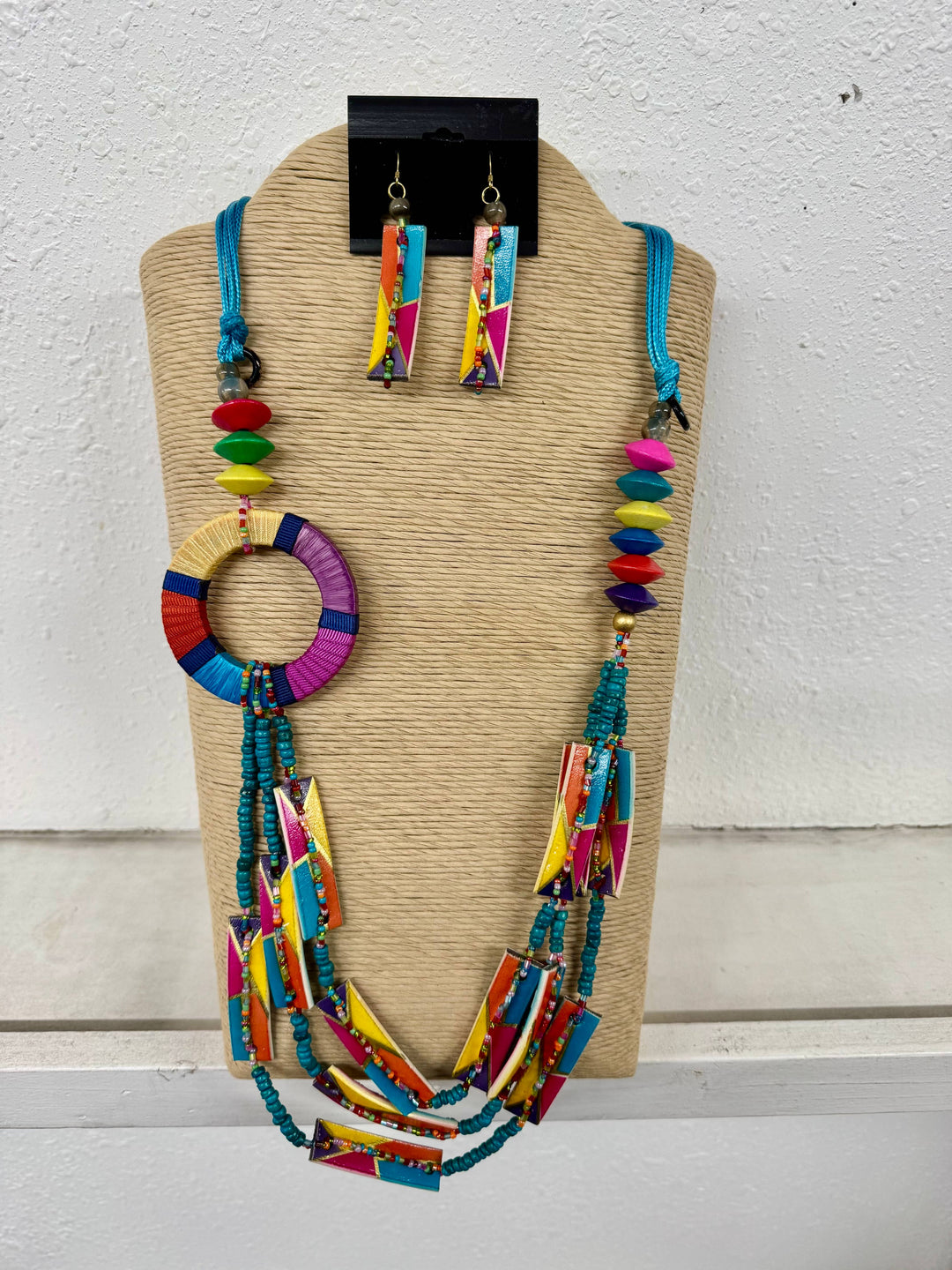 Vibrant Wood and Bead Necklace and Earring Set