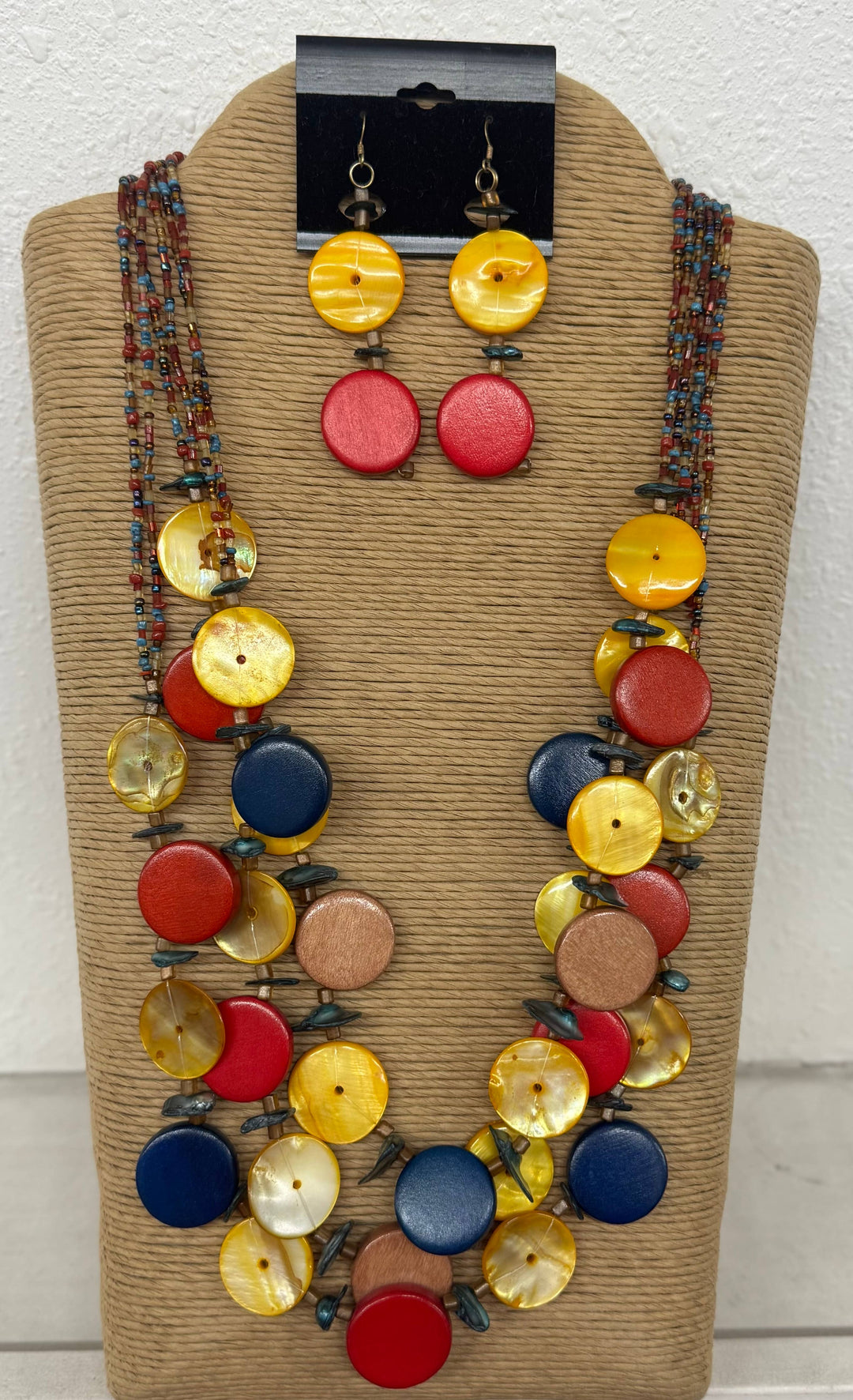 Wood and Shell Multi-Strand Necklace and Earring Set