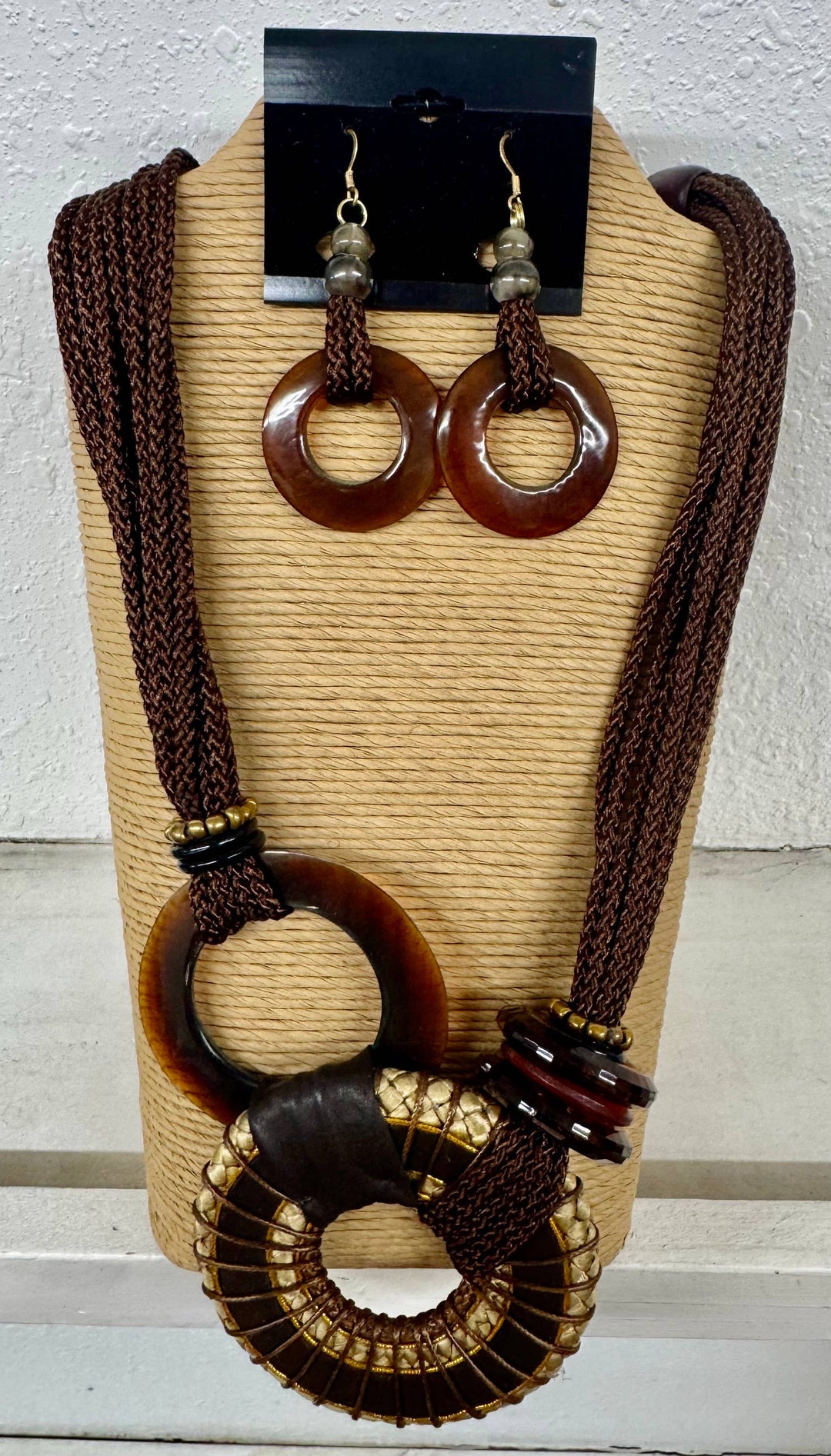 Brown Woven Statement Necklace and Earrings Set
