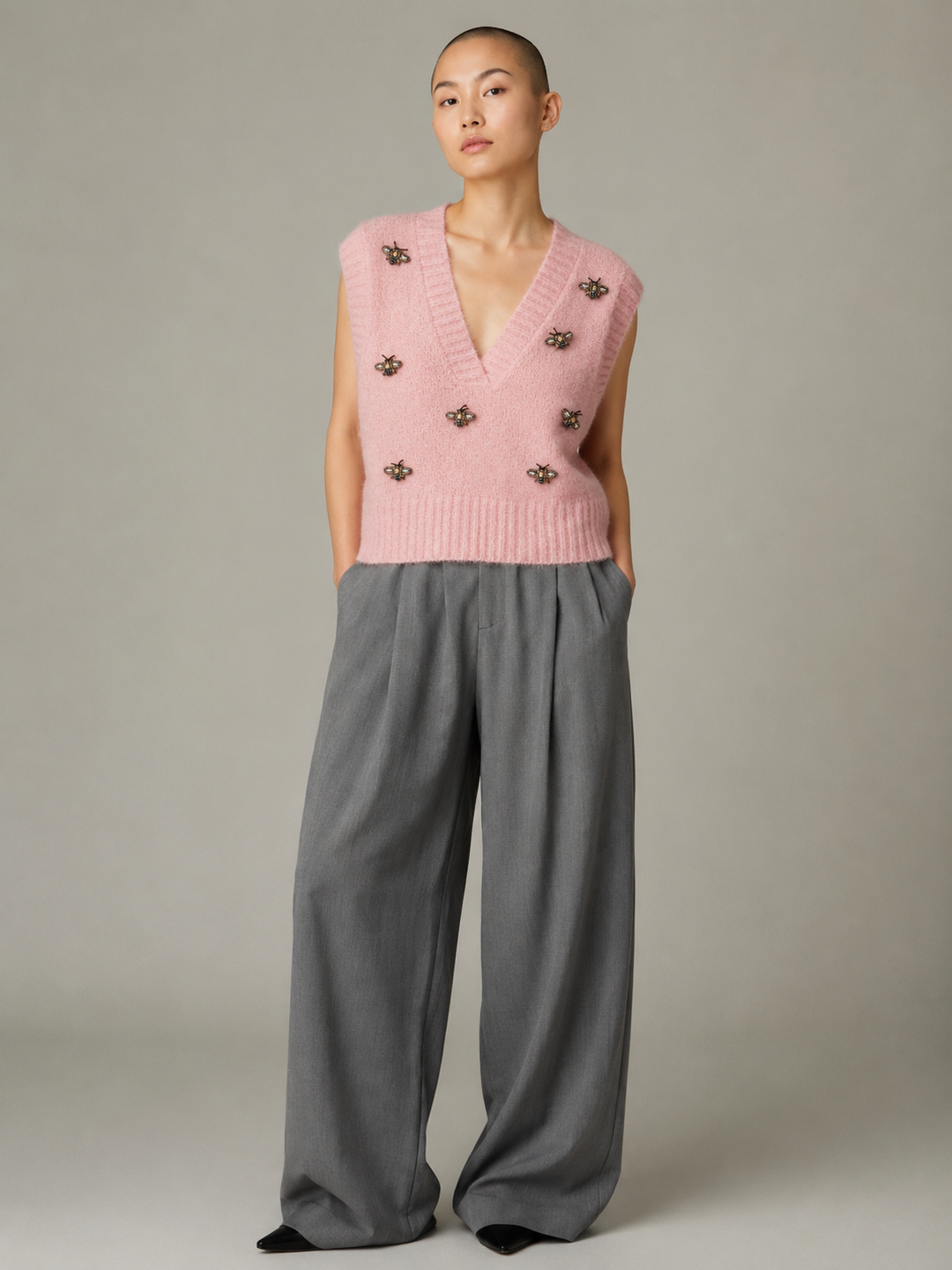 Embroidered Bees Rose Wool Sweater Vest - by Noen