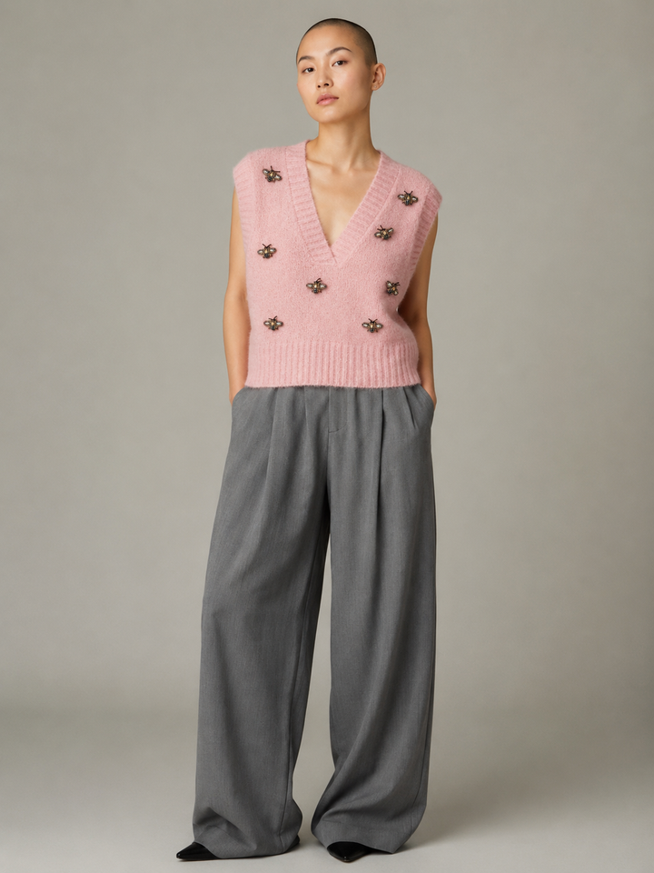 Embroidered Bees Rose Wool Sweater Vest - by Noen