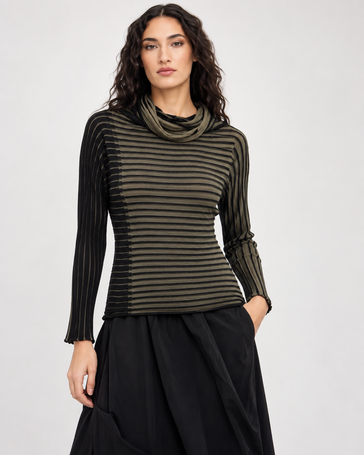 Olive & Black Ribbed Cowl Neck Sweater - by Ozai N Ku