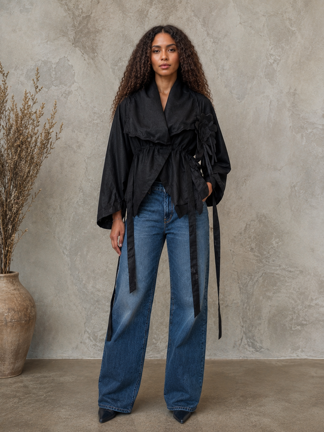 Black Sculptural Floral Appliqué Jacket - by Noen