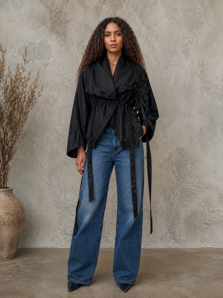 Black Sculptural Floral Appliqué Jacket - by Noen