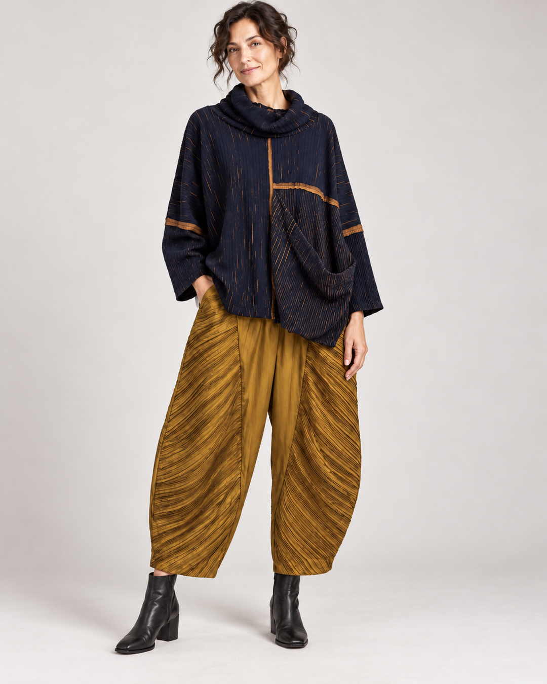 Mustard Gold Sculptural Barrel Leg Pants - by Ozai N Ku