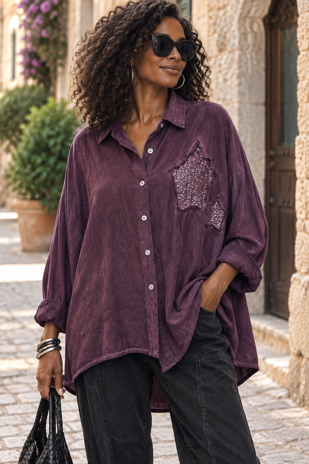 Purple Tone on Tone Sequins Star Blouse - by Amorosa