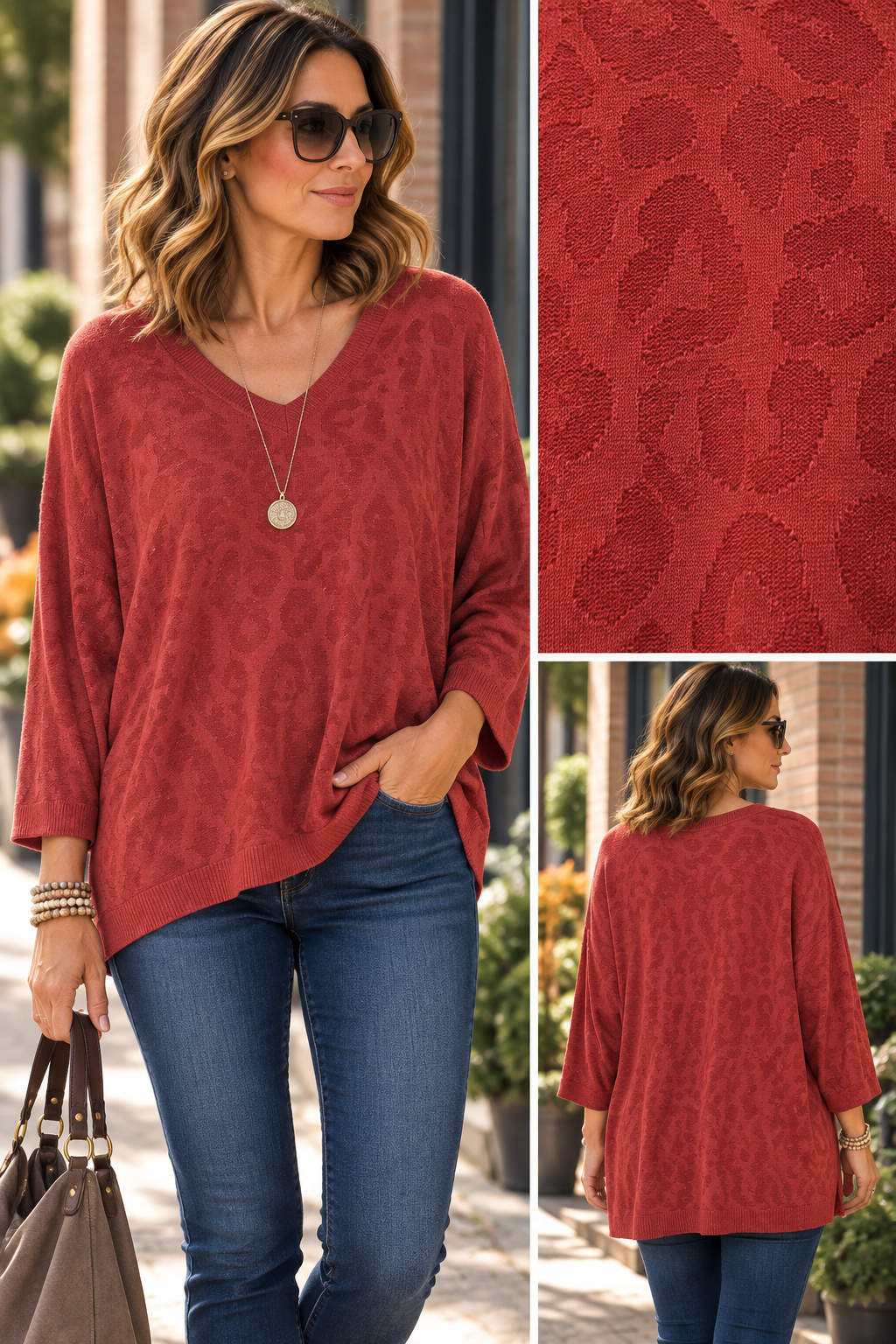 Pink Textured Leopard V-Neck Sweater - by Amorosa