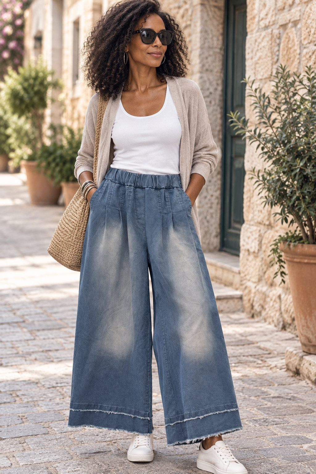 Wide Leg Pleated Jeans - by Amorosa