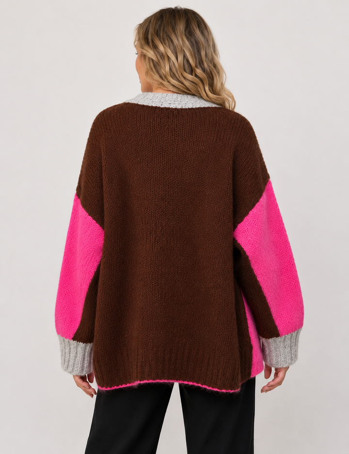 Pink Colour Block Cardigan Sweater - by Elissia