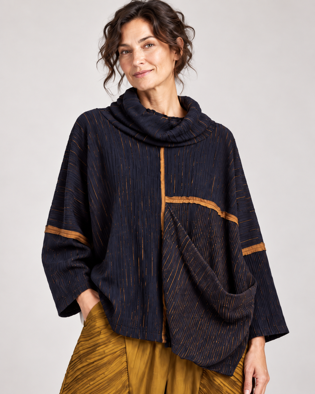 Navy & Gold Draped Cowl Top - by Ozai N Ku