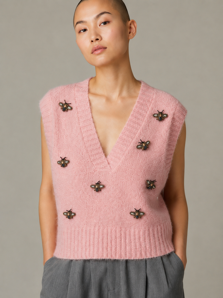 Embroidered Bees Rose Wool Sweater Vest - by Noen