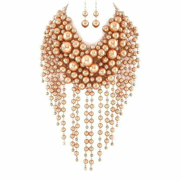 Peachy Pink Pearl Waterfall Necklace and Earring Set