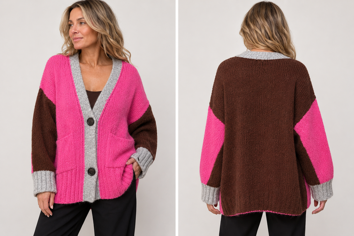 Pink Colour Block Cardigan Sweater - by Elissia