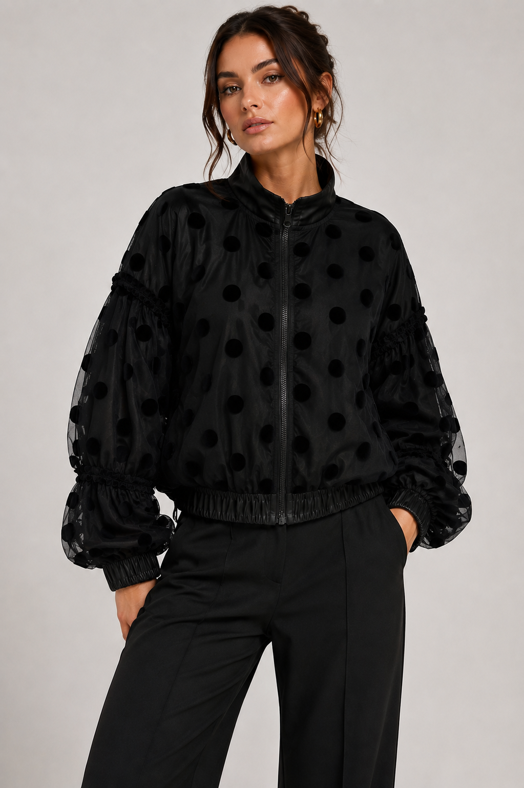 Black Sheer Polka Dot Bomber Jacket - by Kozan