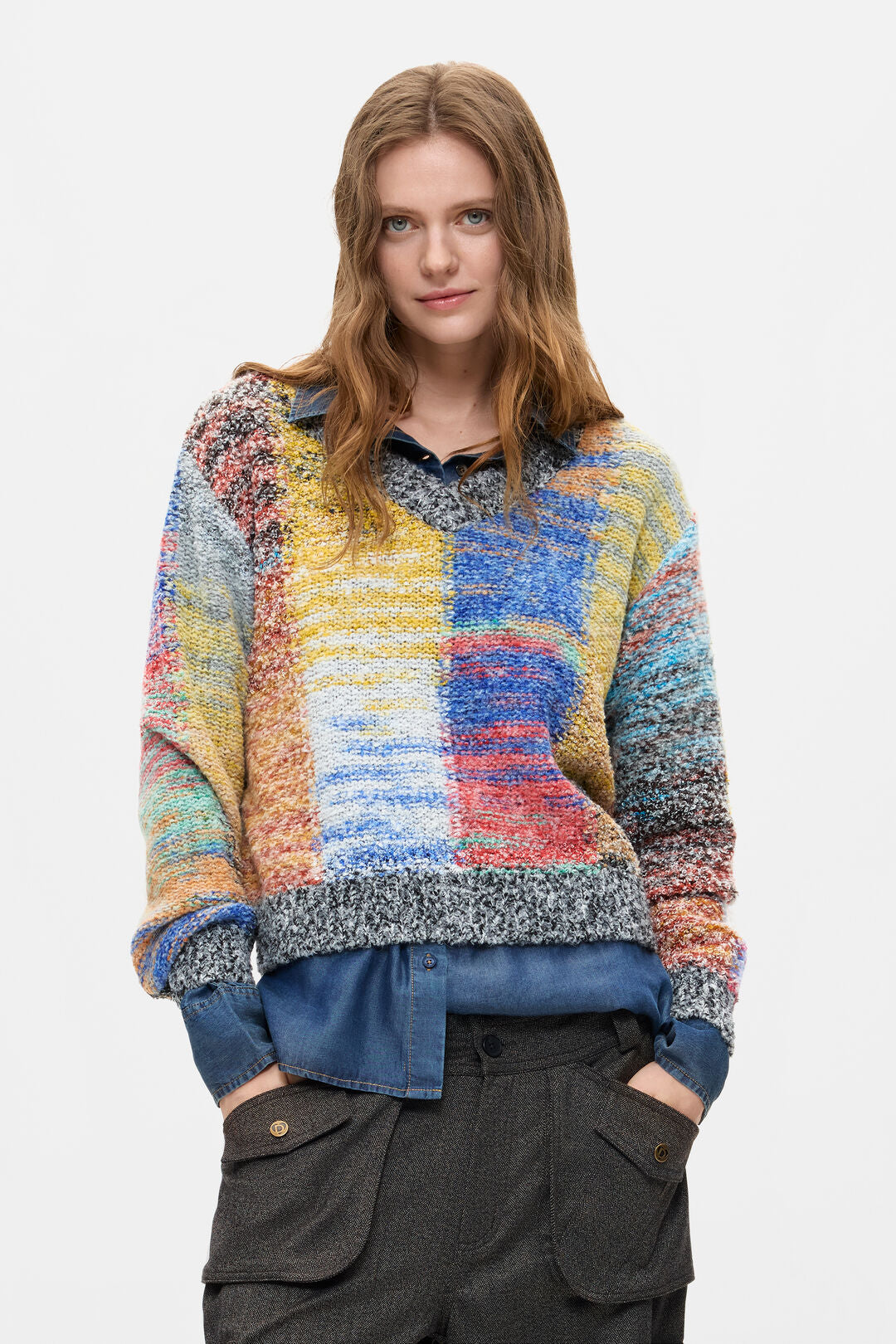 Multi-Colour Patchwork V-Neck Sweater - by Desigual