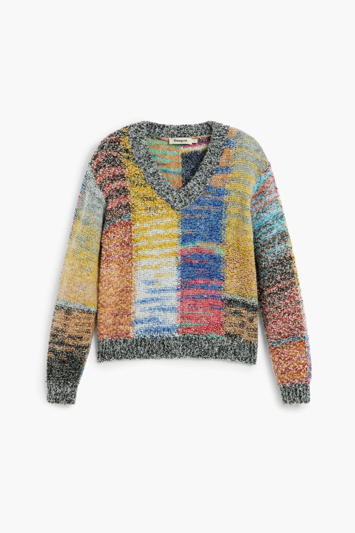 Multi-Colour Patchwork V-Neck Sweater - by Desigual