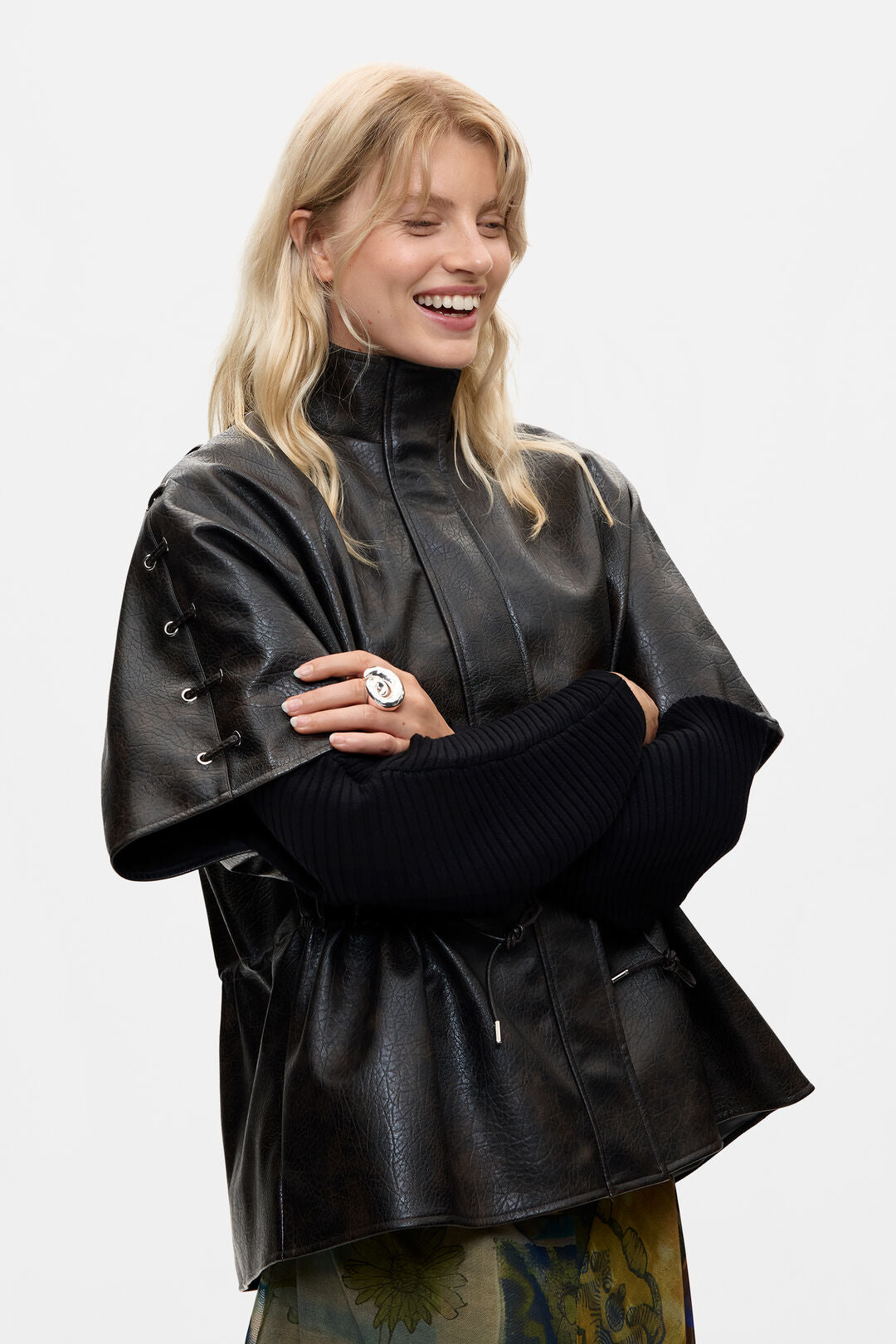 Dark Brown Patina Faux Leather Cape Jacket - by Desigual