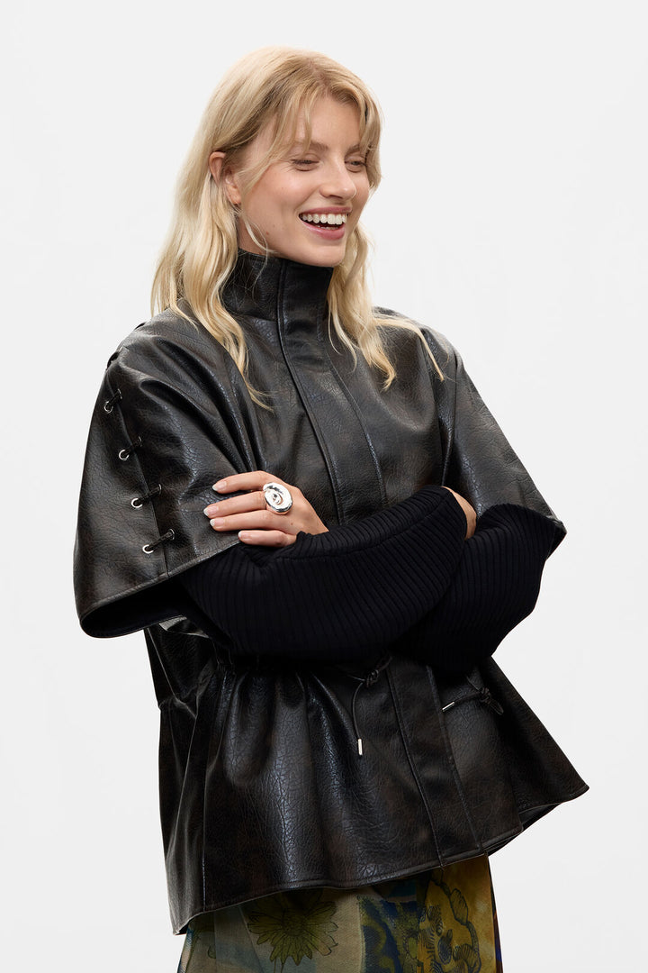 Dark Brown Patina Faux Leather Cape Jacket - by Desigual