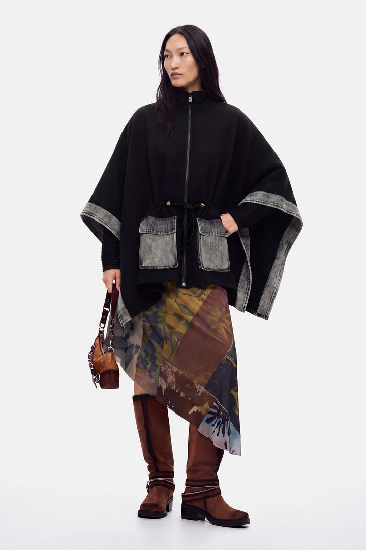 Black Mixed-Media Denim Trim Cape Jacket - by Desigual