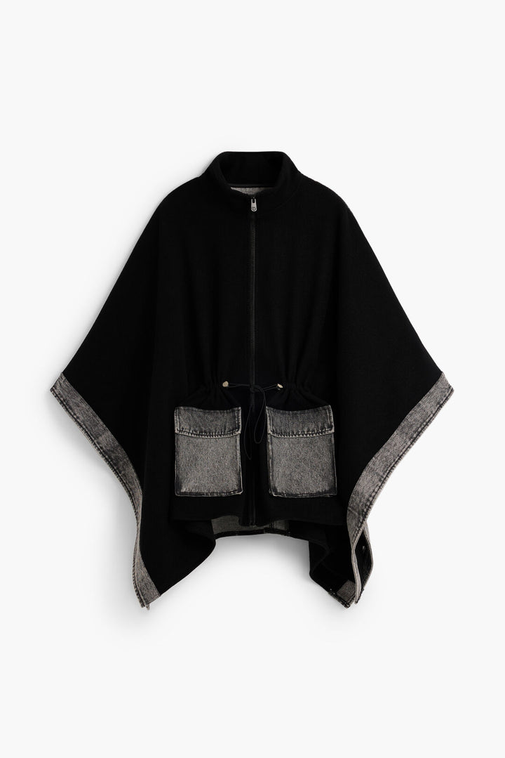 Black Mixed-Media Denim Trim Cape Jacket - by Desigual