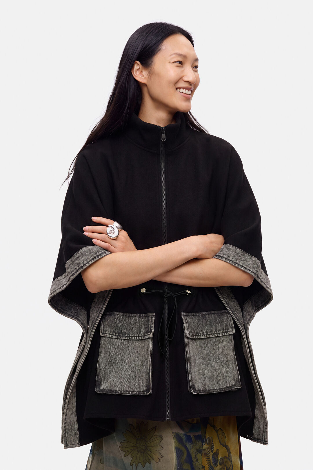 Black Mixed-Media Denim Trim Cape Jacket - by Desigual