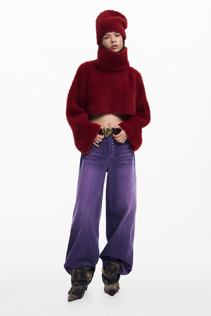 Red Plush Cropped Turtleneck Sweater and Beanie Set - by Desigual