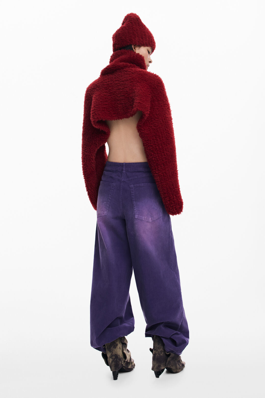Red Plush Cropped Turtleneck Sweater and Beanie Set - by Desigual
