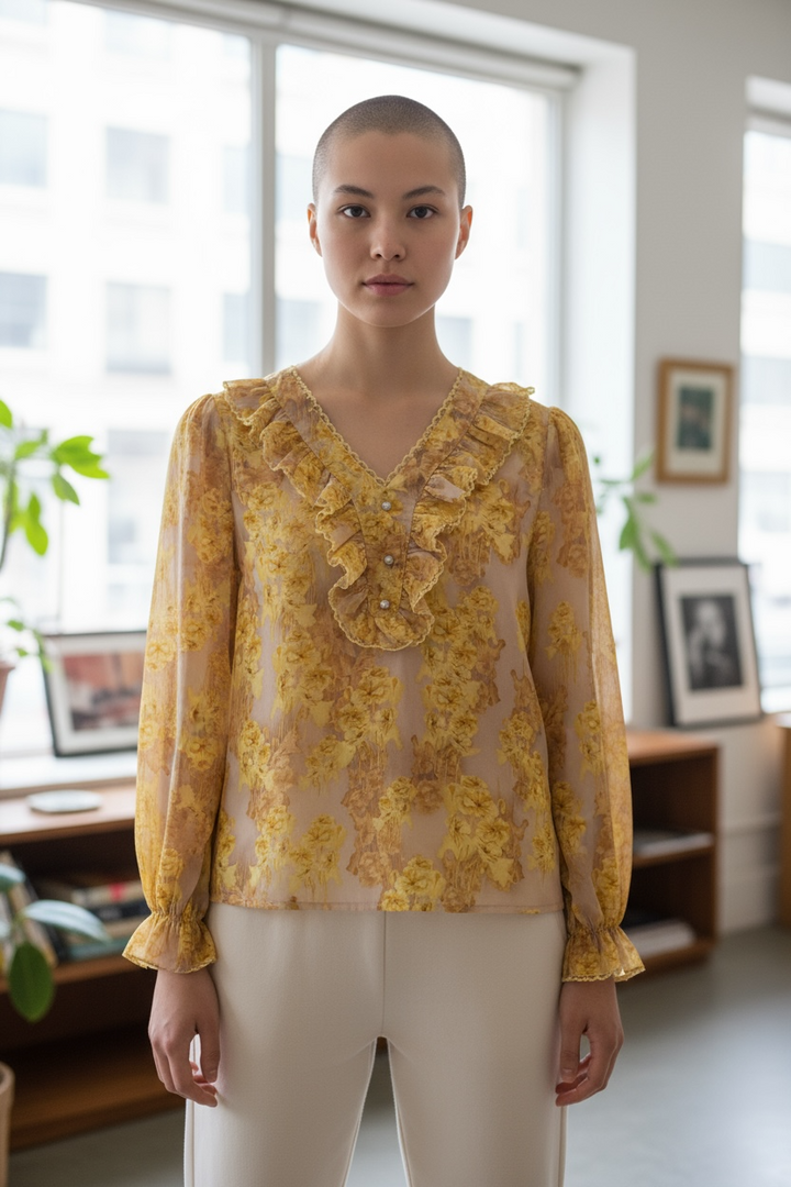 Yellow Floral Ruffle Blouse
