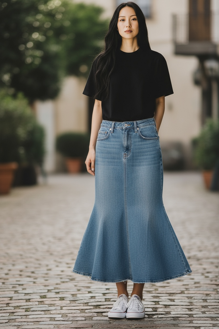 Fishtail Denim Midi-Skirt