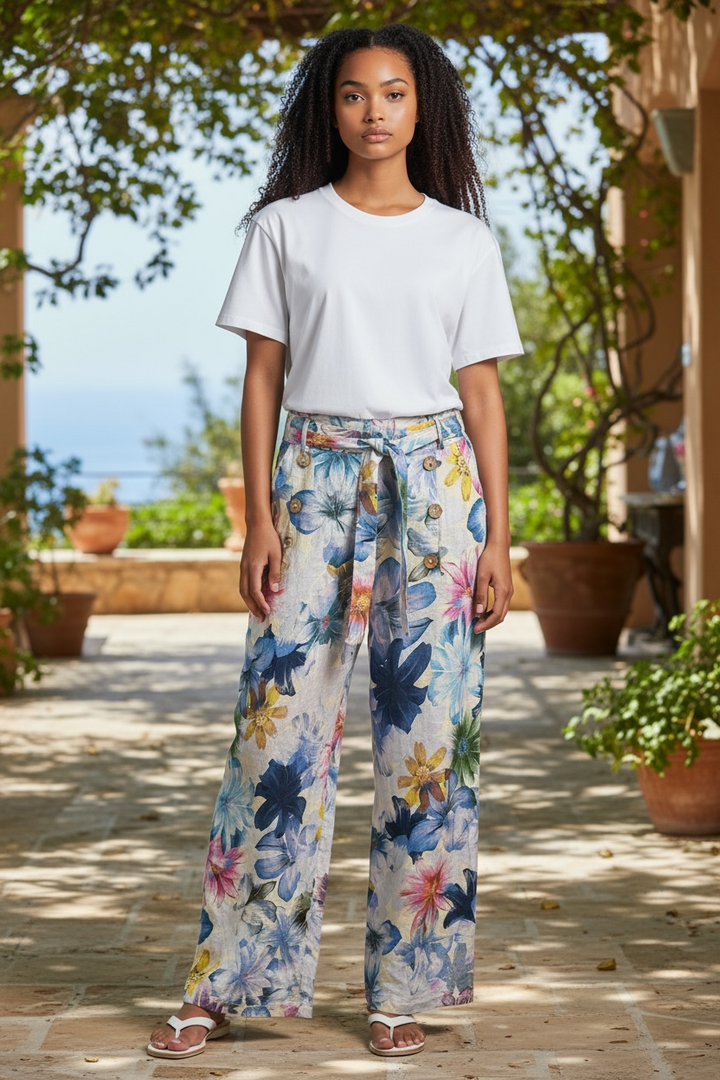 Blue Floral Linen Pants