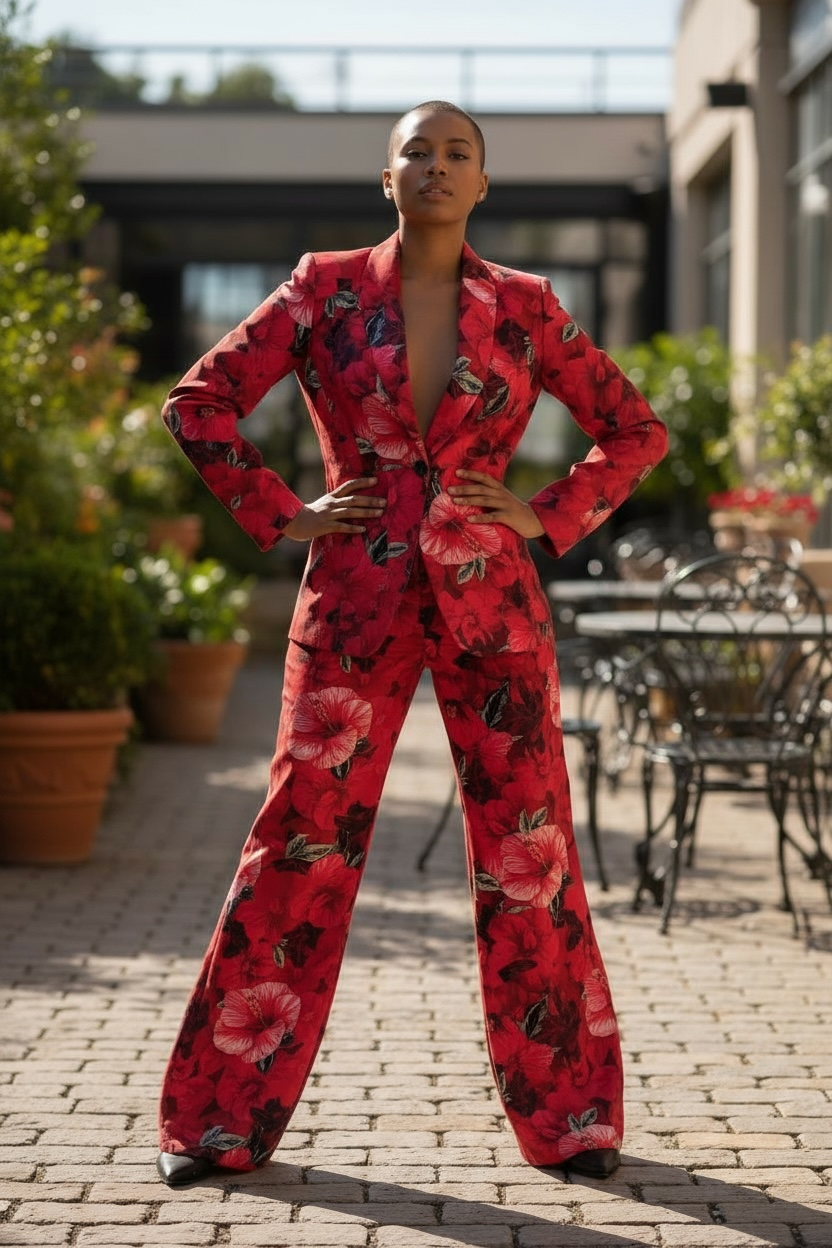 Red Floral Wide Leg Dress Pant