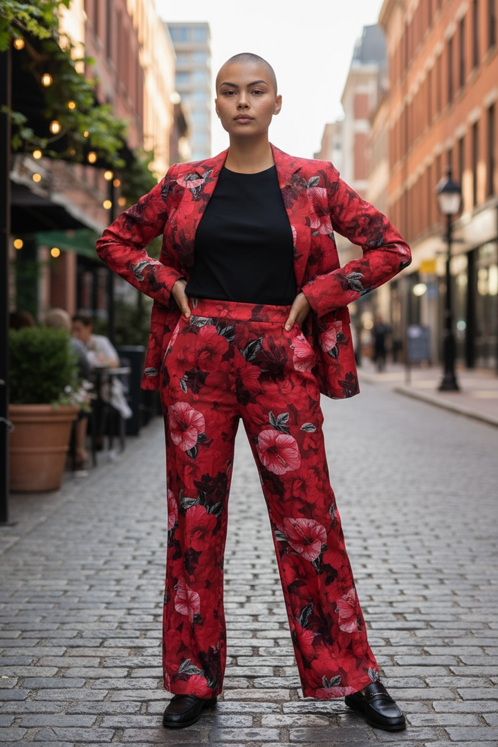 Red Floral Wide Leg Dress Pant