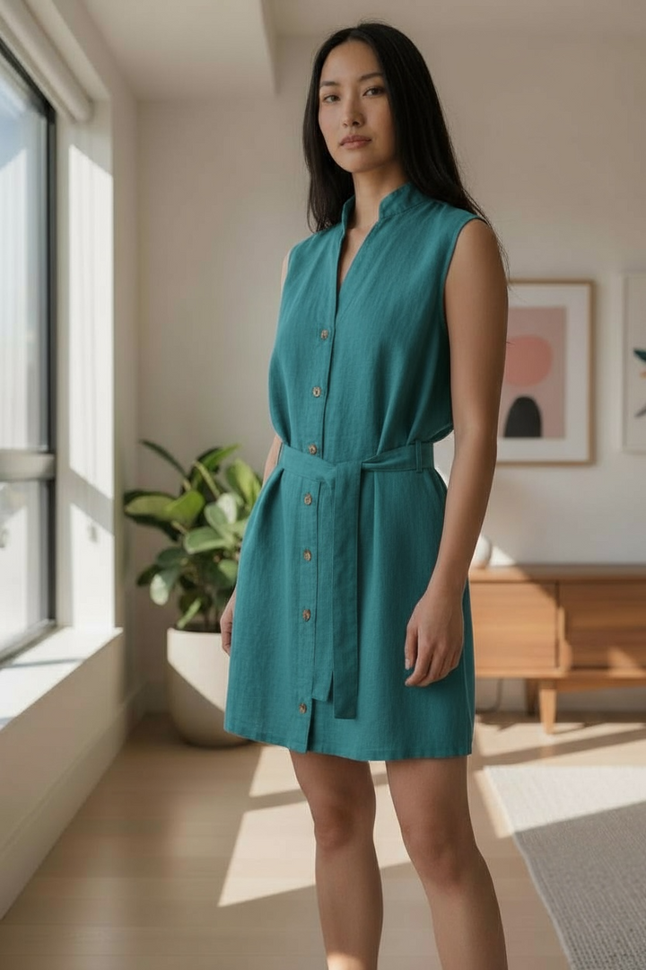 Teal Green Linen Mini Dress